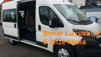 9-Sitzer Peugeot Boxer Luxusbus BLUE HDI sparsamer Diesel, Klima, Navi, Bluetooth, AHK Unten stehende Tarife gelten nur bei Onlinebuchung